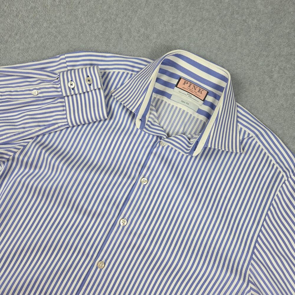 Thomas Pink Mens Size 16 Blue White Stripe Slim Fit Dress Shirt